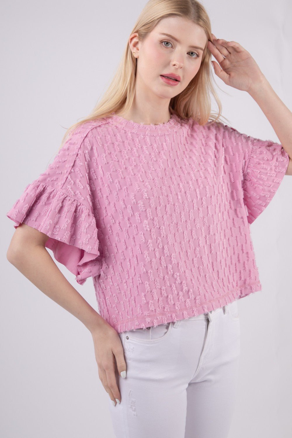 Very J - Textured Ruffle Short Sleeve Top in Orchid