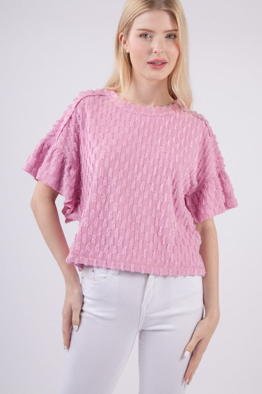 Very J - Textured Ruffle Short Sleeve Top in Orchid