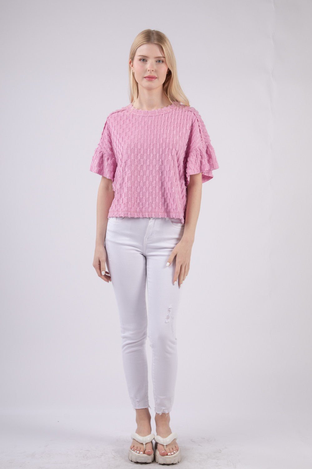 Very J - Textured Ruffle Short Sleeve Top in Orchid