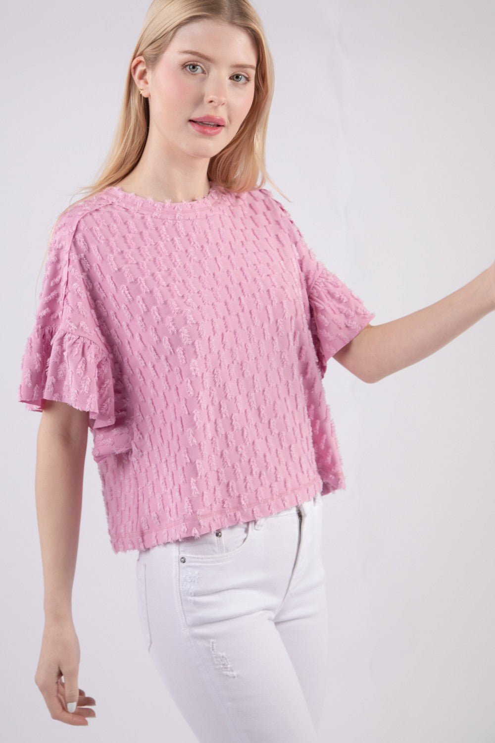 Very J - Textured Ruffle Short Sleeve Top in Orchid