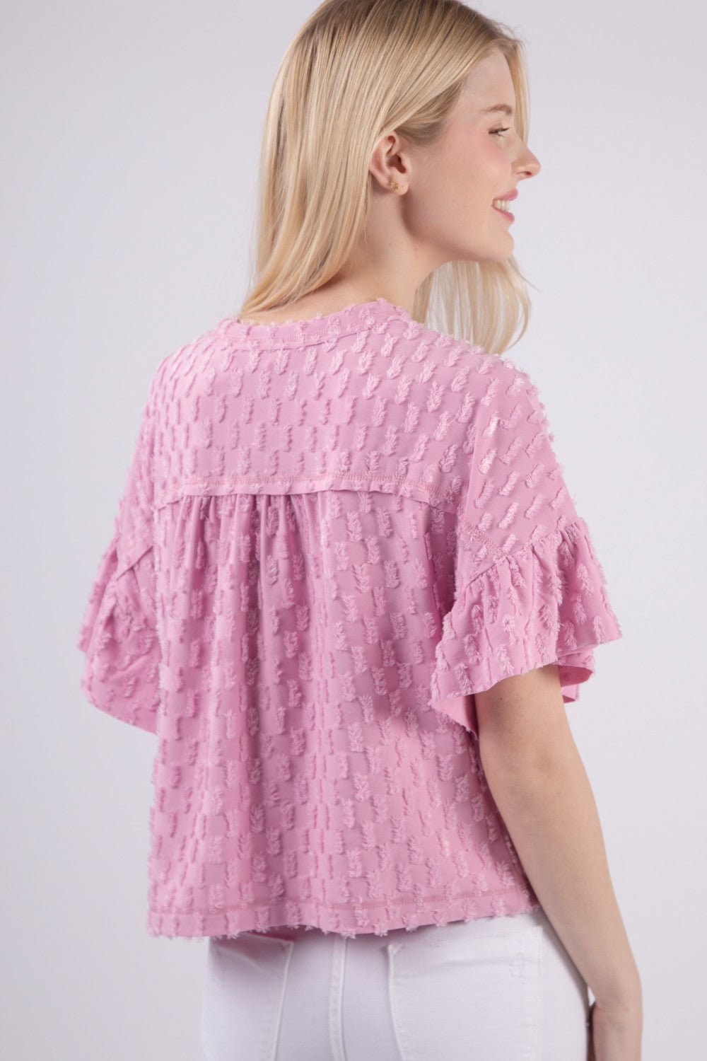 Very J - Textured Ruffle Short Sleeve Top in Orchid