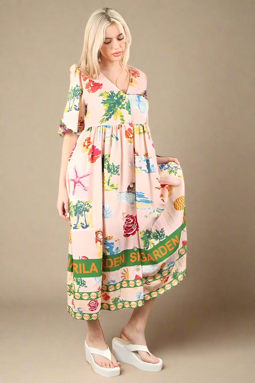 Very J - Tropical Print Button - Front Midi Dress in Blush Multi