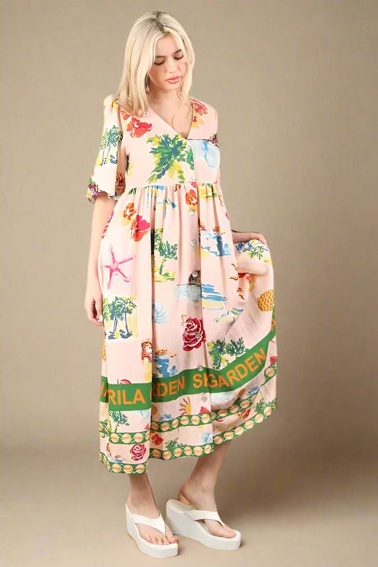 Very J - Tropical Print Button - Front Midi Dress in Blush Multi
