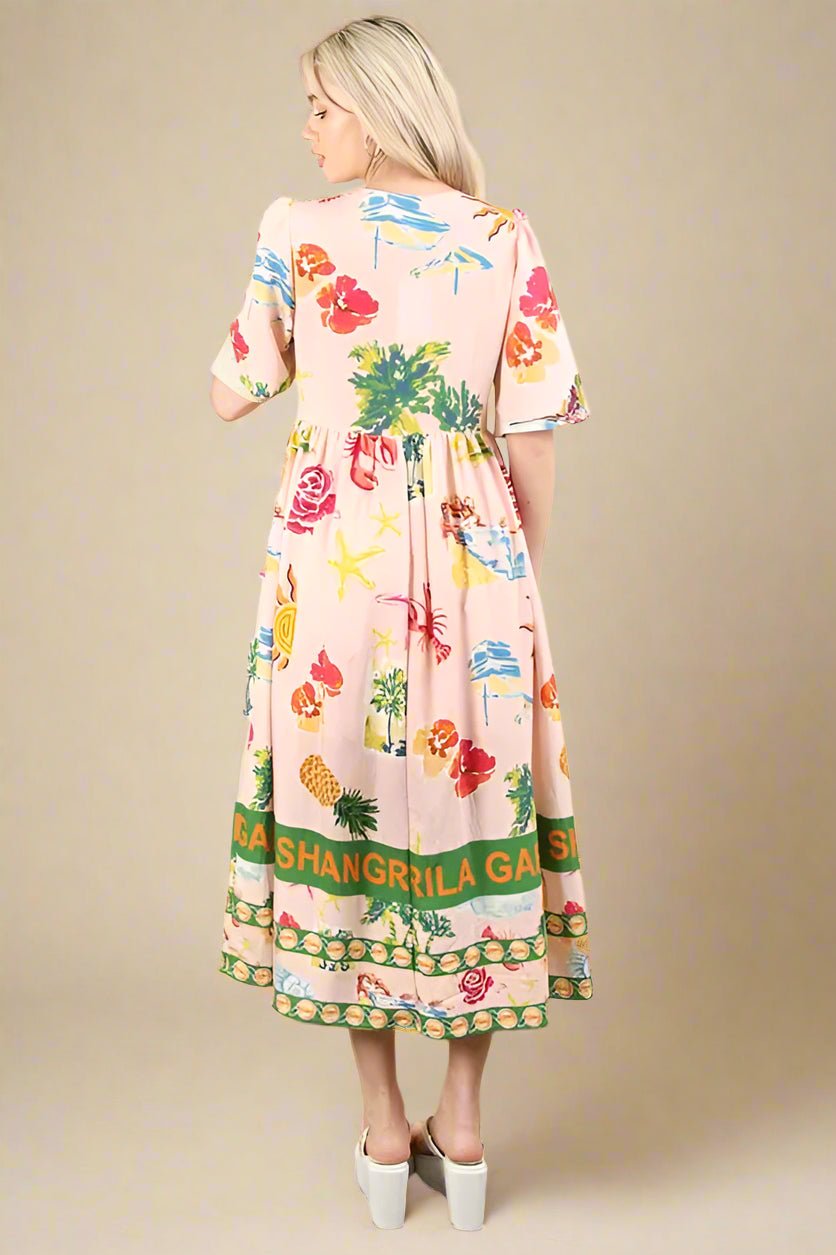 Very J - Tropical Print Button - Front Midi Dress in Blush Multi