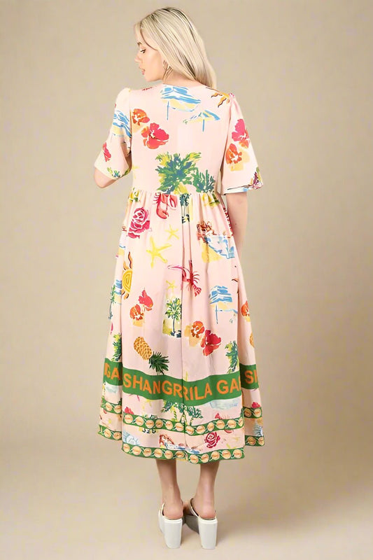 Very J - Tropical Print Button - Front Midi Dress in Blush Multi