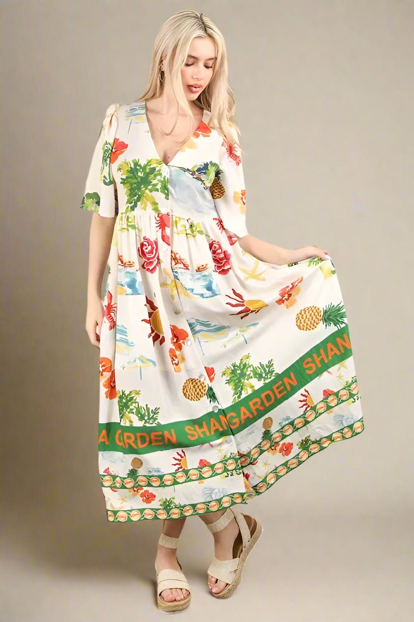 Very J - Tropical Print Button - Front Midi Dress in Ivory Multi