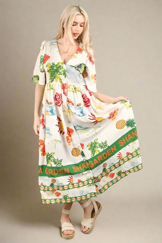 Very J - Tropical Print Button - Front Midi Dress in Ivory Multi