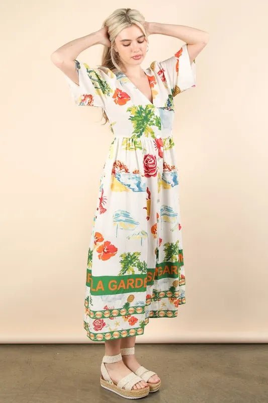 Very J - Tropical Print Button - Front Midi Dress in Ivory Multi