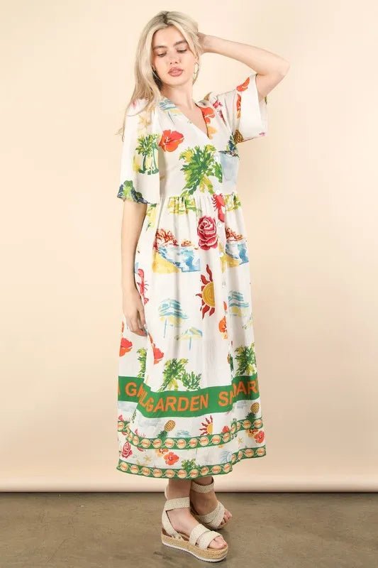 Very J - Tropical Print Button - Front Midi Dress in Ivory Multi