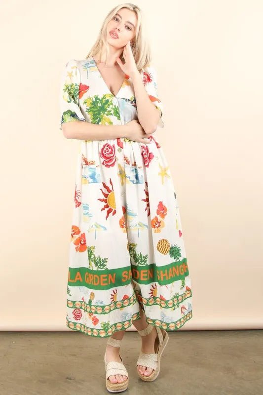 Very J - Tropical Print Button - Front Midi Dress in Ivory Multi