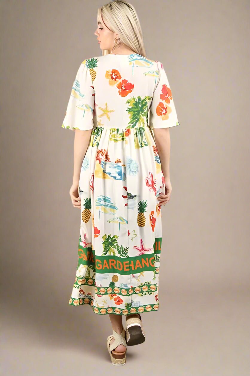 Very J - Tropical Print Button - Front Midi Dress in Ivory Multi