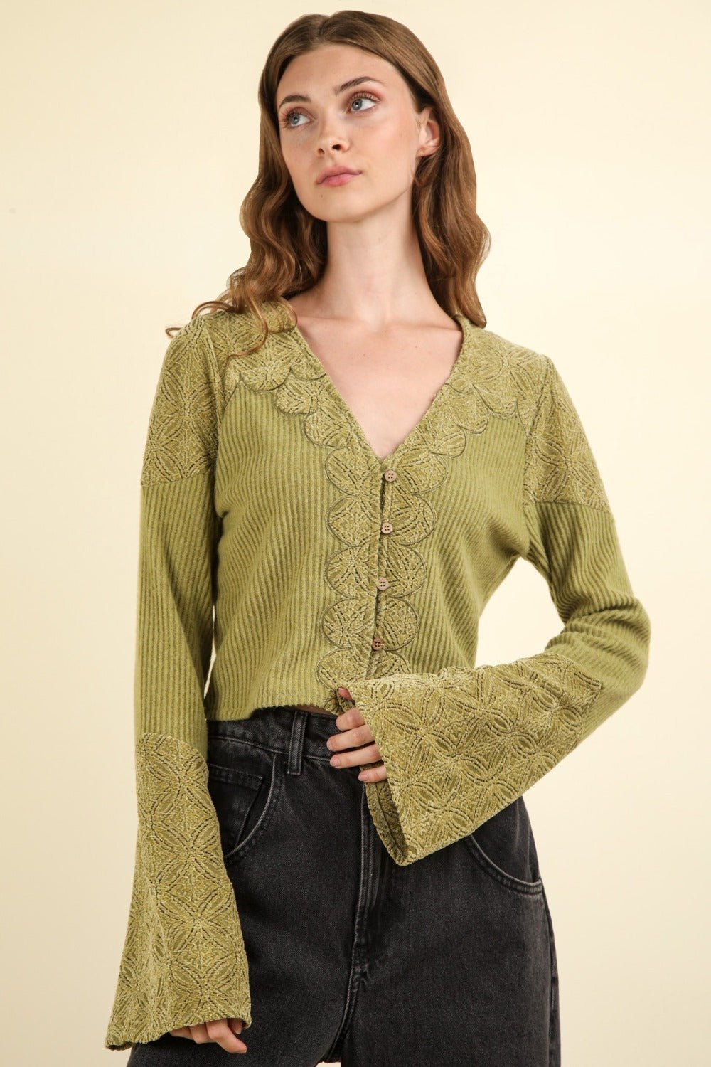 Very J - V - Neck Lace Detail Crop Top in Olive