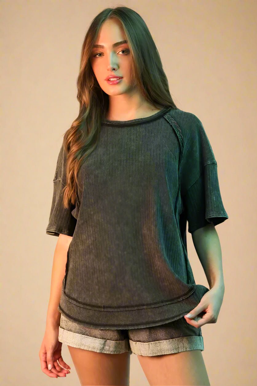 Very J - Washed Black Ribbed Knit Oversized Tee