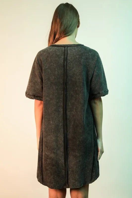 Very J - Washed Black Ribbed V - Neck Mini Dress