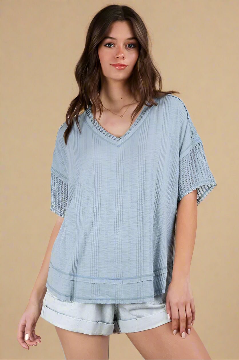 Very J - Washed Denim Blue Knit V - Neck Top with Sheer Mesh Sleeves