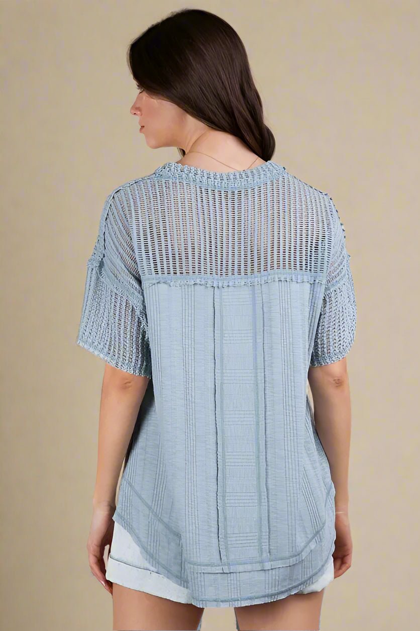 Very J - Washed Denim Blue Knit V - Neck Top with Sheer Mesh Sleeves