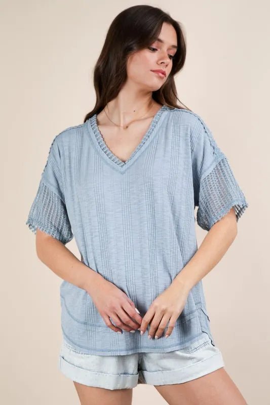 Very J - Washed Denim Blue Knit V - Neck Top with Sheer Mesh Sleeves