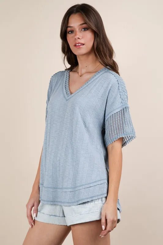 Very J - Washed Denim Blue Knit V - Neck Top with Sheer Mesh Sleeves