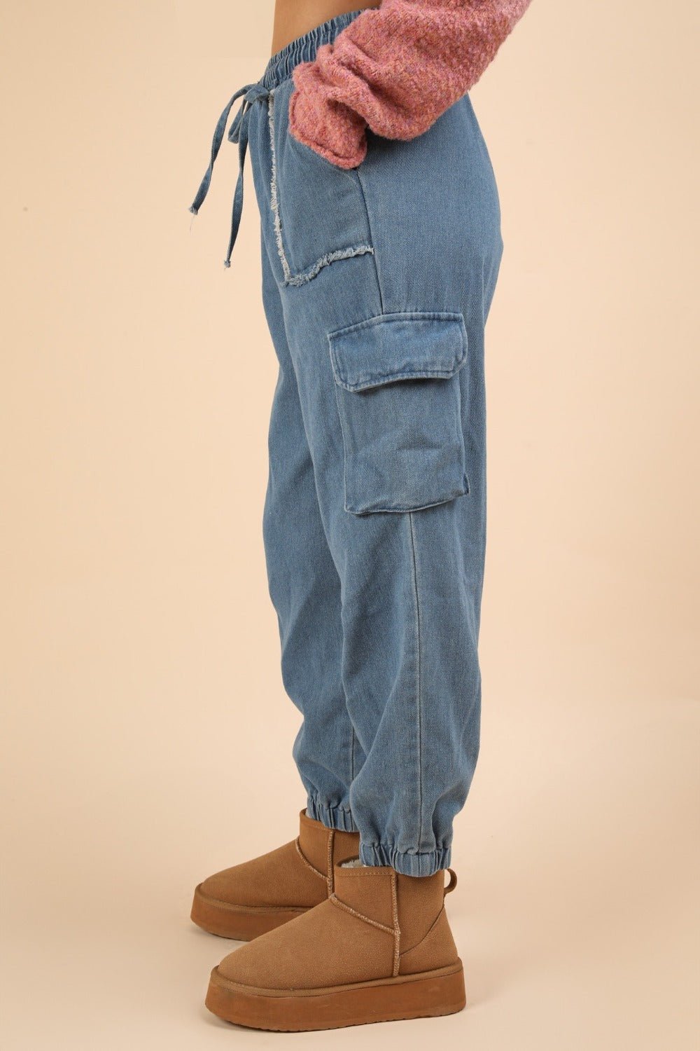 Very J - Washed Denim Cargo Jogger Jeans in Indigo