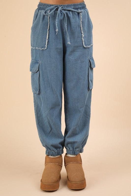 Very J - Washed Denim Cargo Jogger Jeans in Indigo