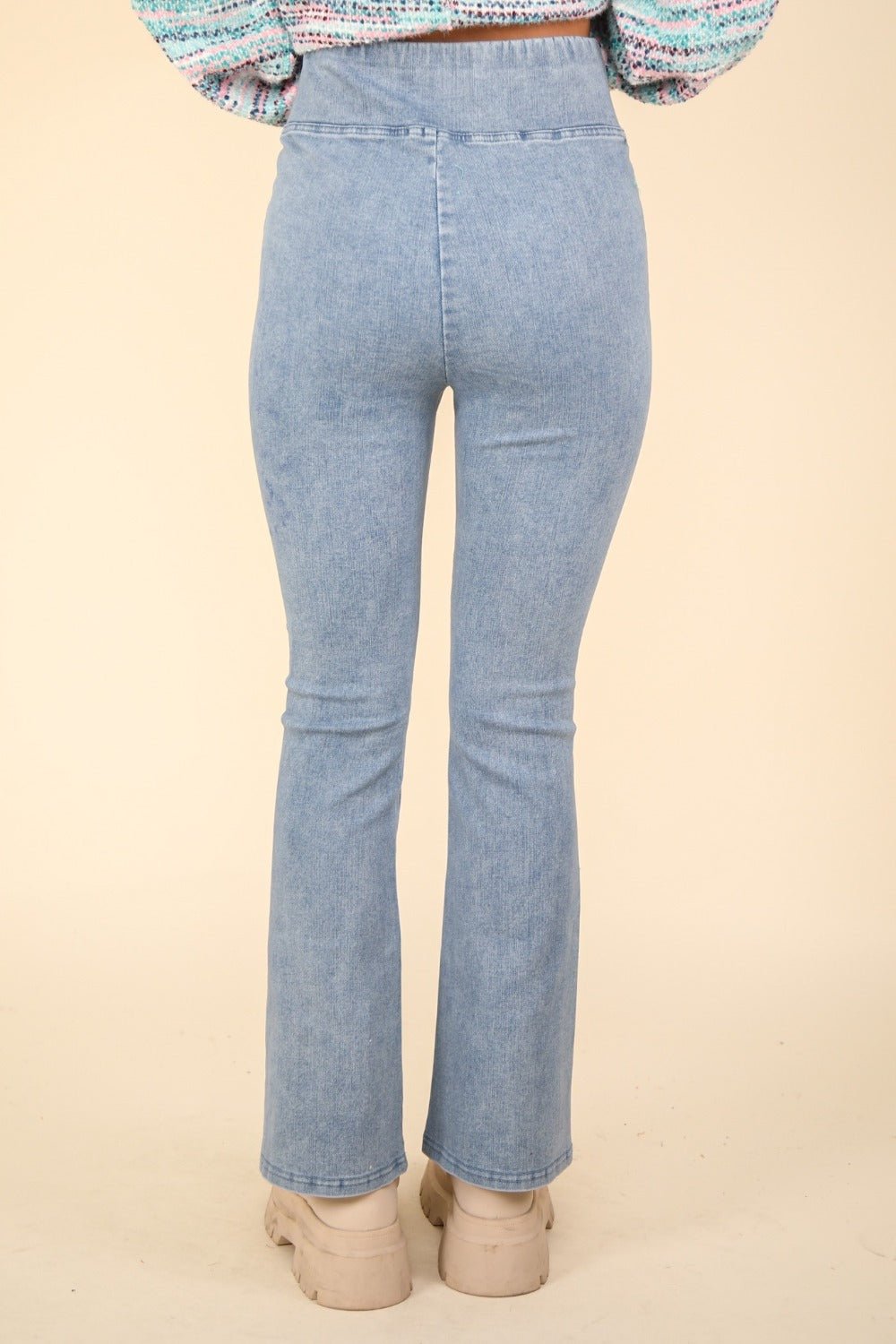 Very J - Washed Denim Crossover Waist Leggings in Light Indigo