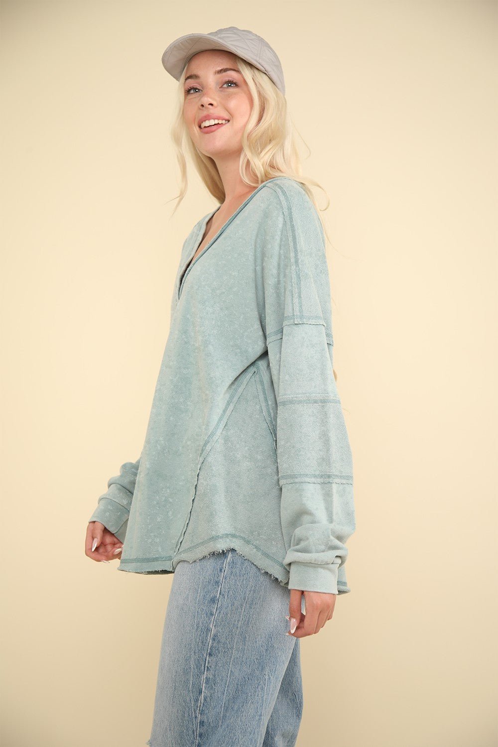 Very J - Washed V - Neck Exposed Seams Knit Top in Sage