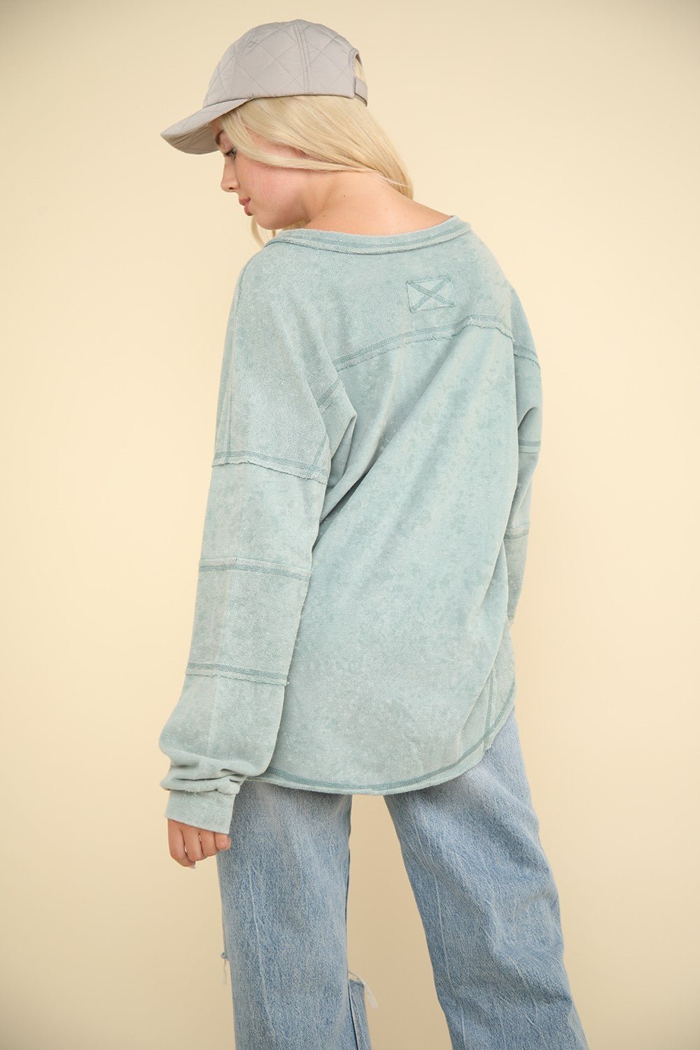 Very J - Washed V - Neck Exposed Seams Knit Top in Sage