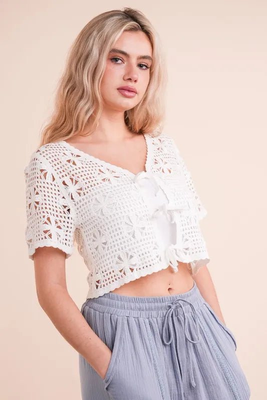 Very J - White Crochet Tie - Front Crop Top