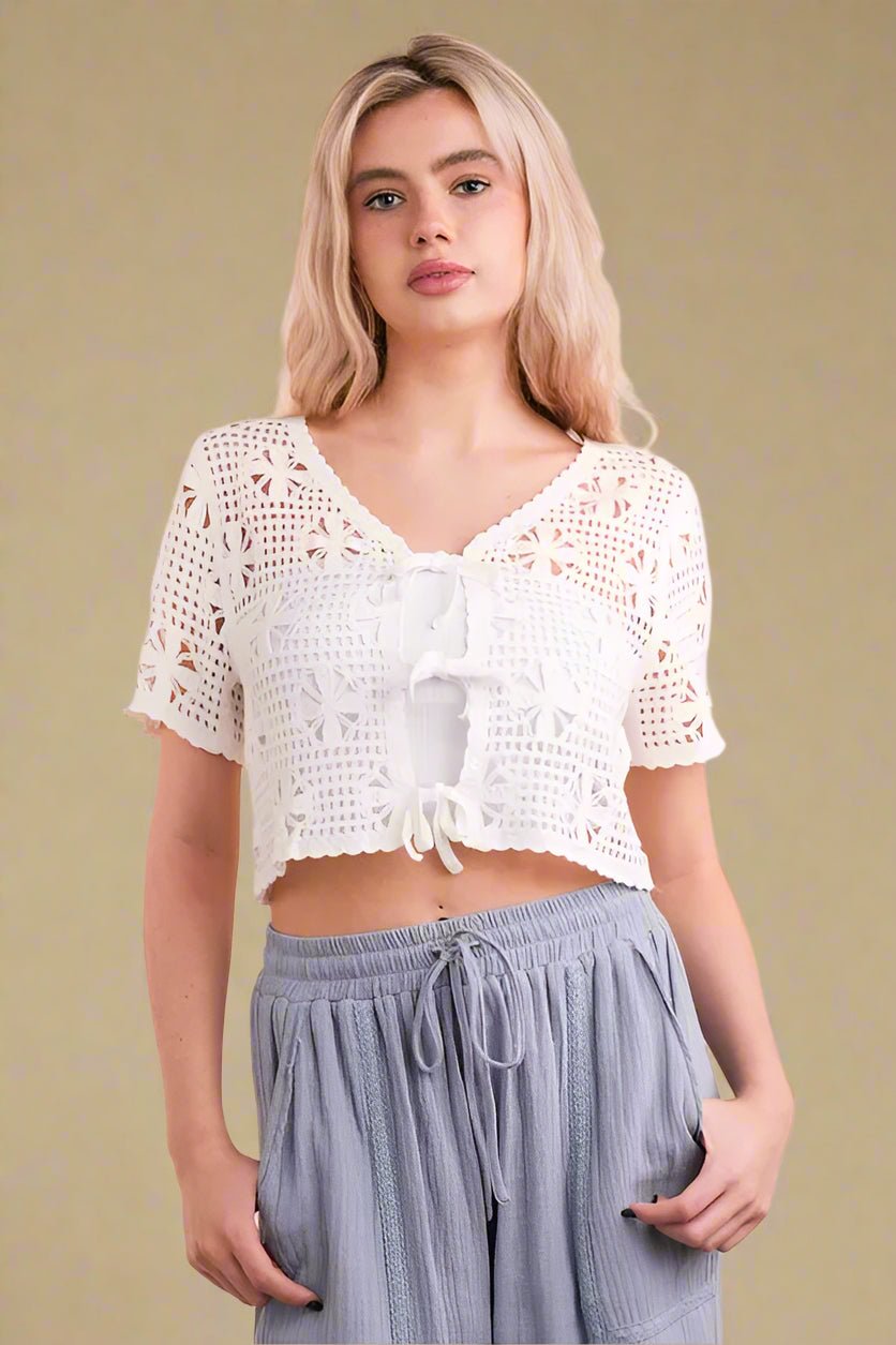 Very J - White Crochet Tie - Front Crop Top
