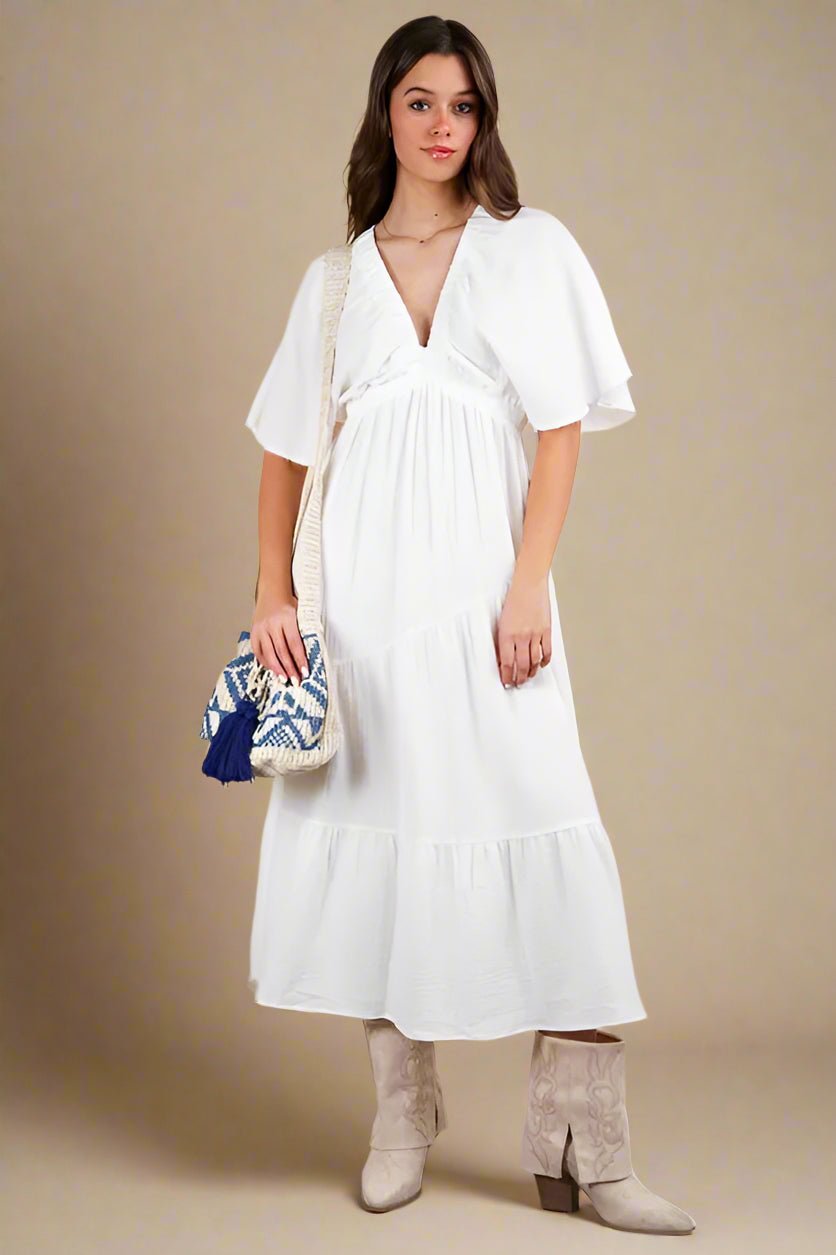 Very J - White Flutter Sleeve Tiered Midi Dress