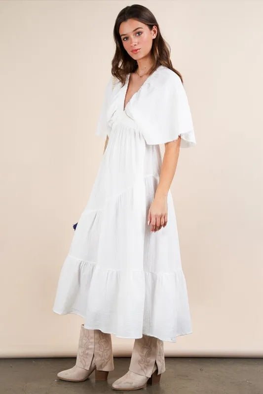 Very J - White Flutter Sleeve Tiered Midi Dress
