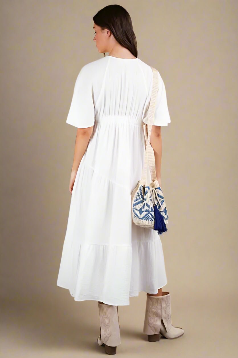 Very J - White Flutter Sleeve Tiered Midi Dress