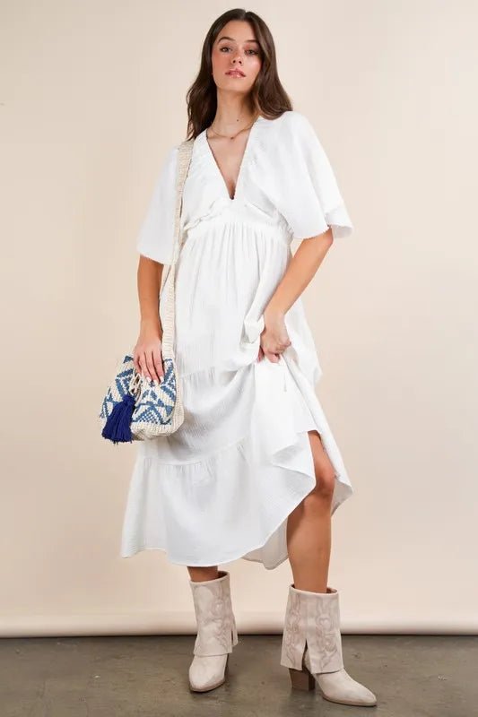Very J - White Flutter Sleeve Tiered Midi Dress