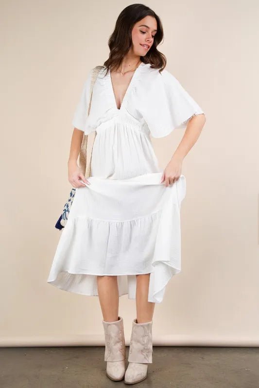 Very J - White Flutter Sleeve Tiered Midi Dress