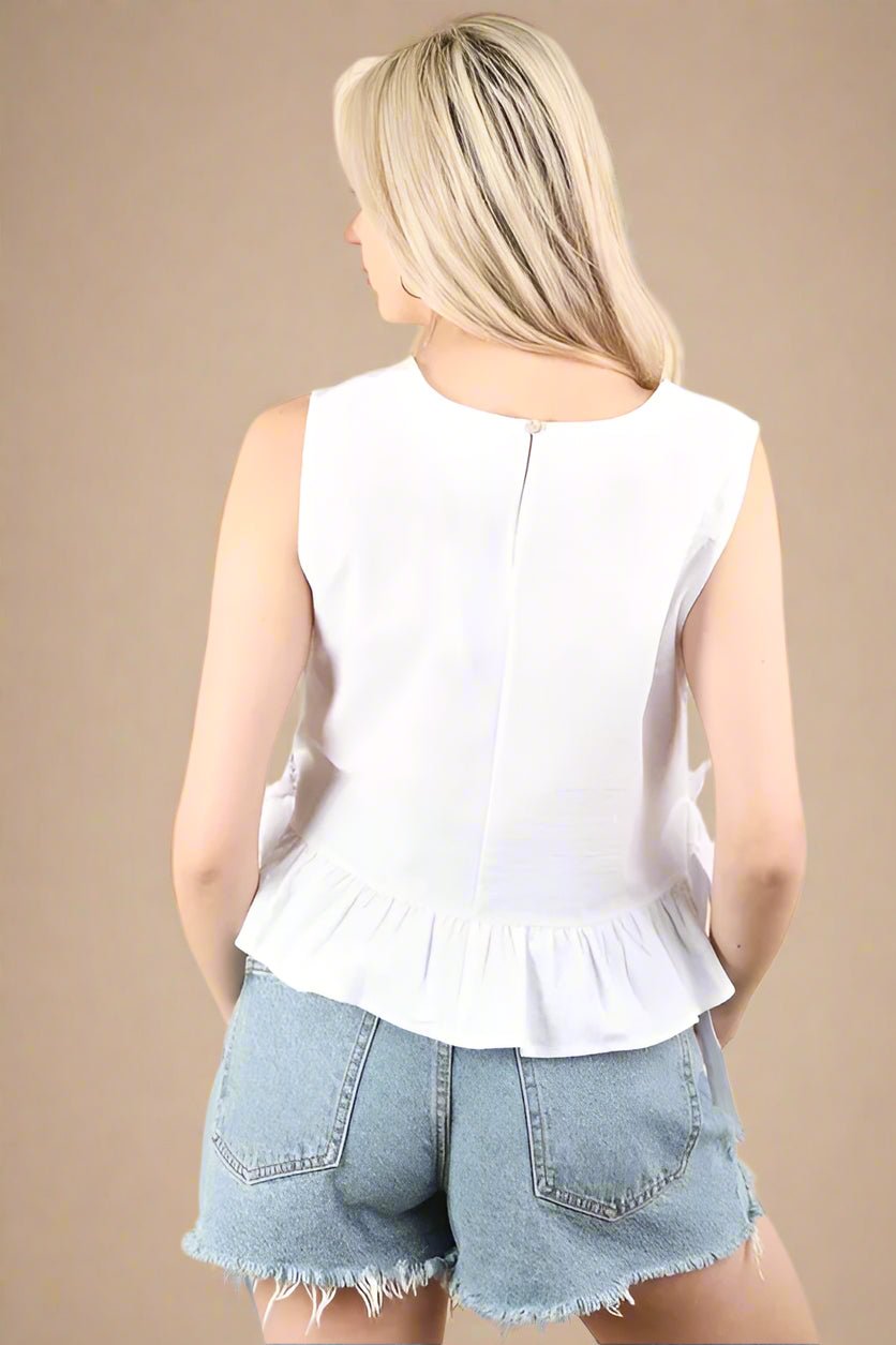 Very J - White Sleeveless Ruffle Hem Top with Side Ties