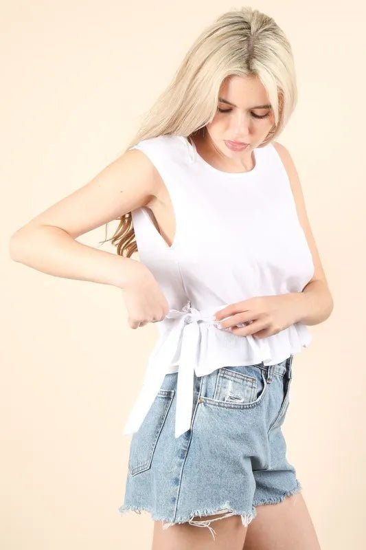Very J - White Sleeveless Ruffle Hem Top with Side Ties