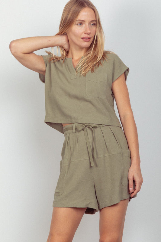 Very J - Woven Cropped Top & Drawstring Shorts Set in Sage