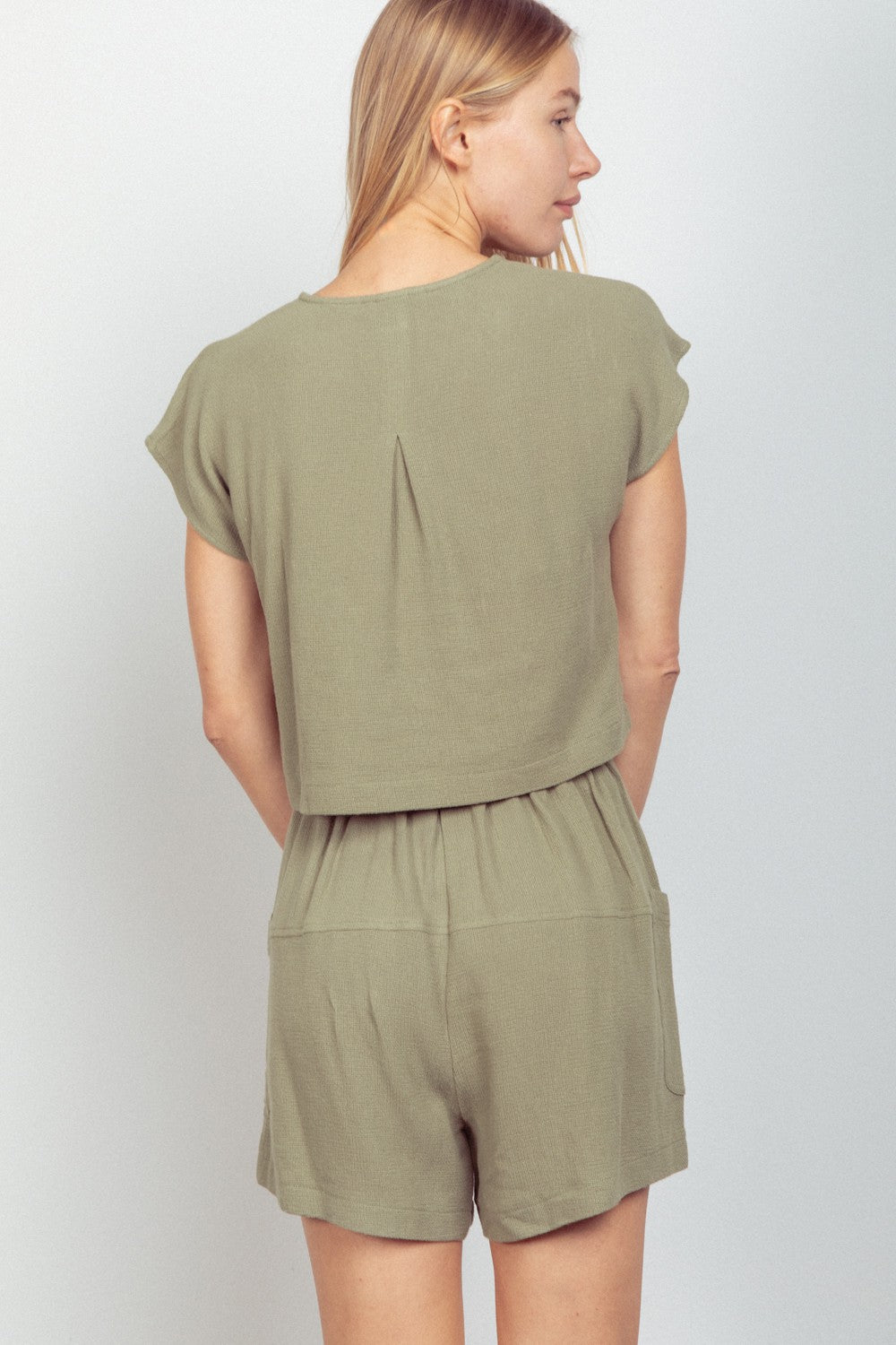 Very J - Woven Cropped Top & Drawstring Shorts Set in Sage