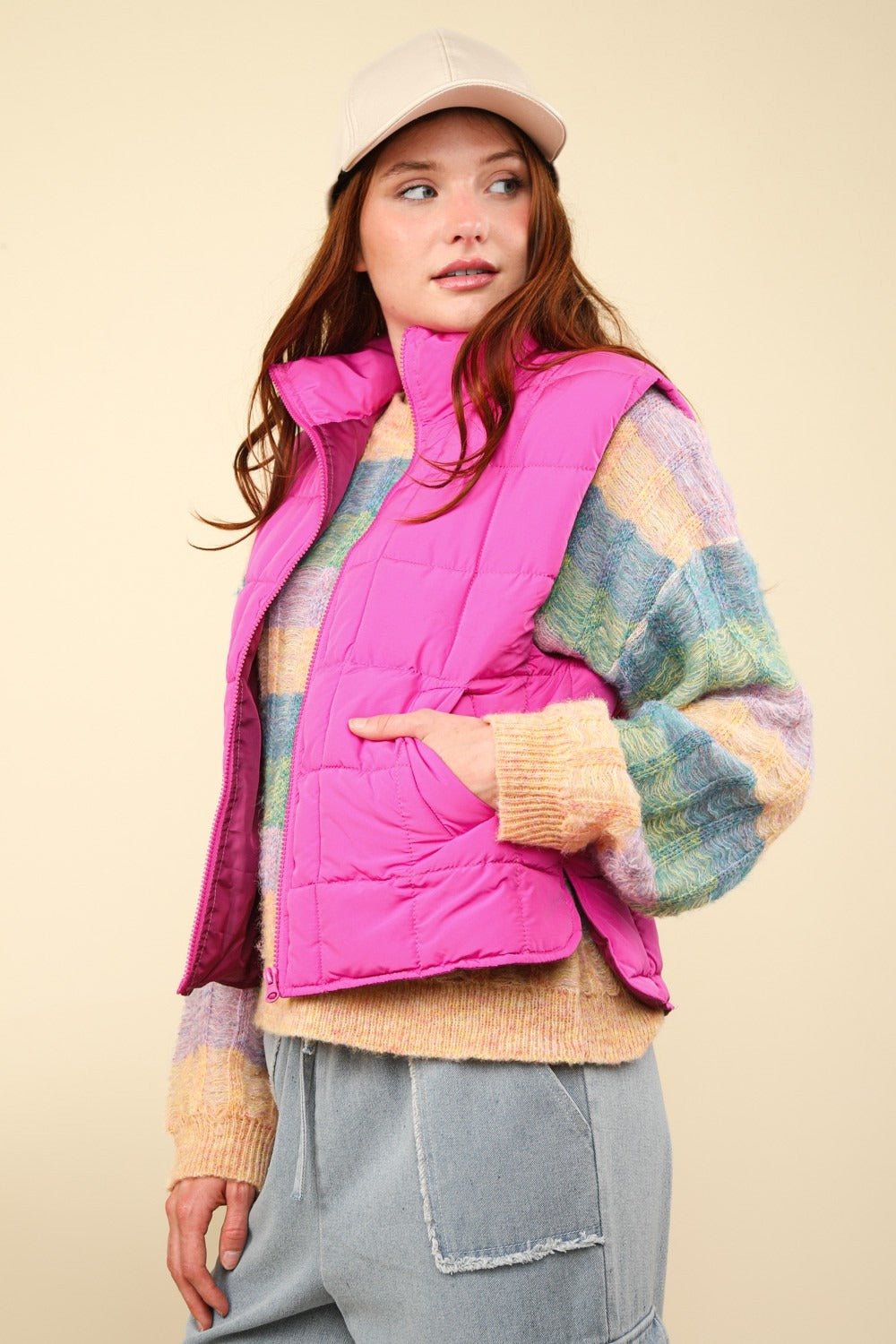 Very J - Zip Up Quilted Puffer Vest in Fuchsia