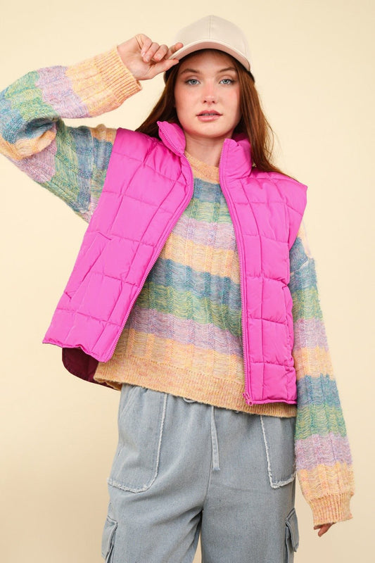 Very J - Zip Up Quilted Puffer Vest in Fuchsia