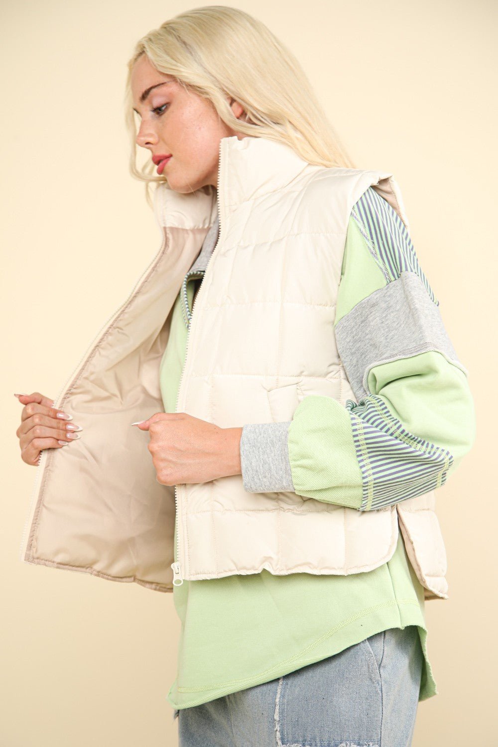 Very J - Zip Up Quilted Puffer Vest in Ivory