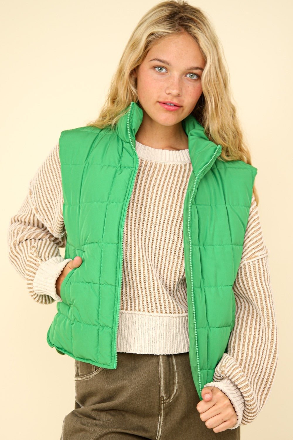 Very J - Zip Up Quilted Puffer Vest in Kelly Green