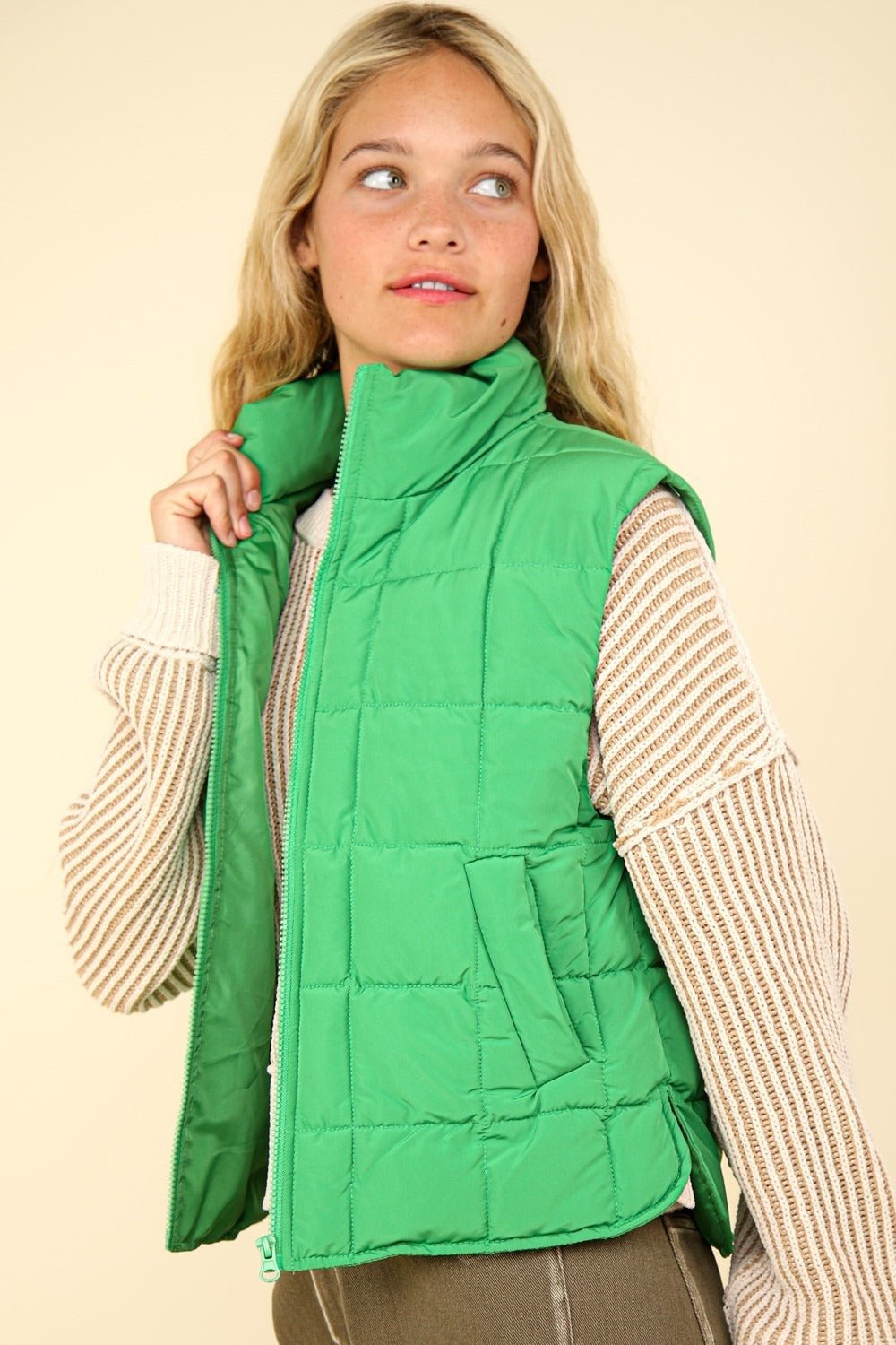 Very J - Zip Up Quilted Puffer Vest in Kelly Green