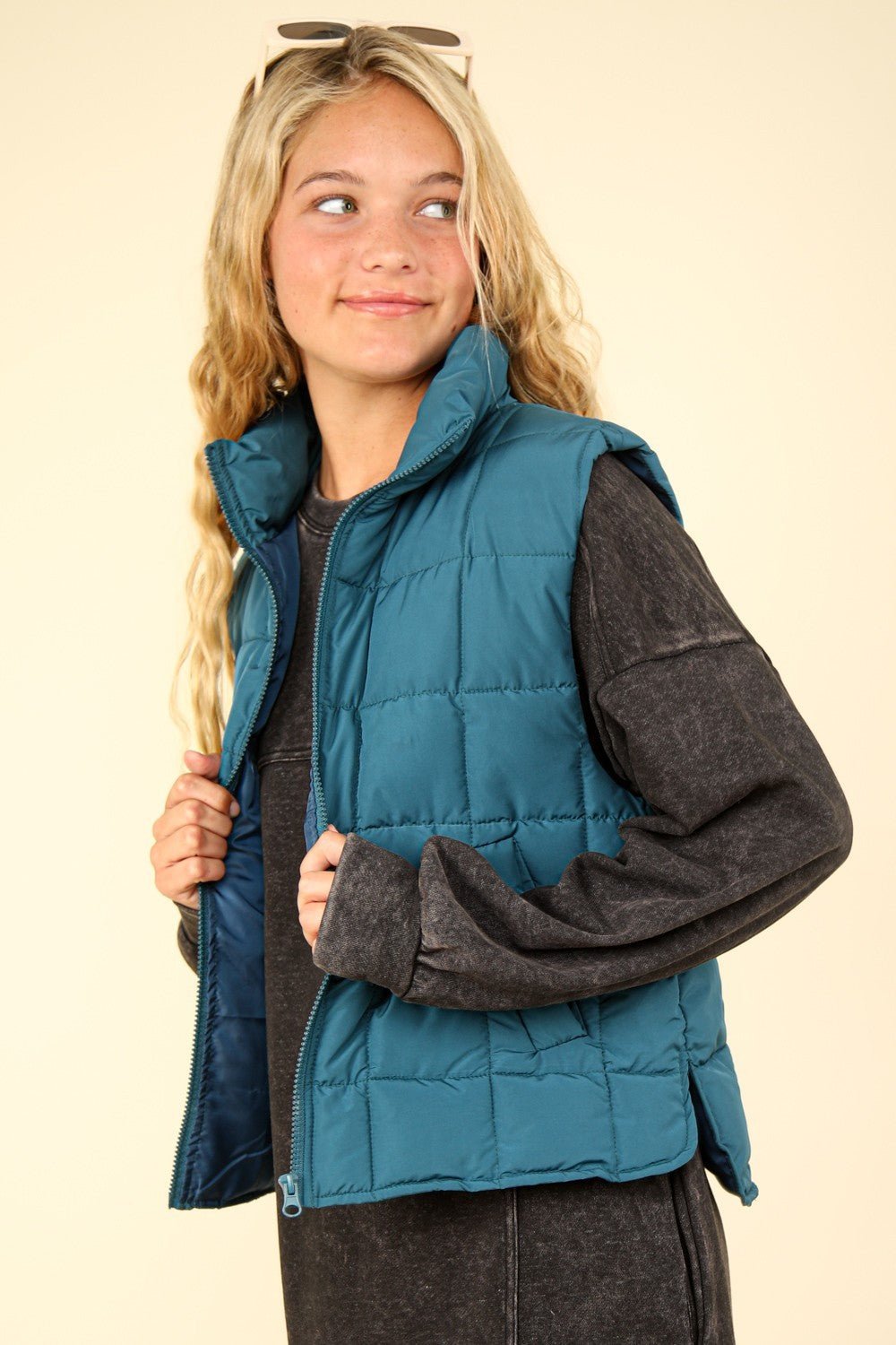 Very J - Zip Up Quilted Puffer Vest in Sea Foam