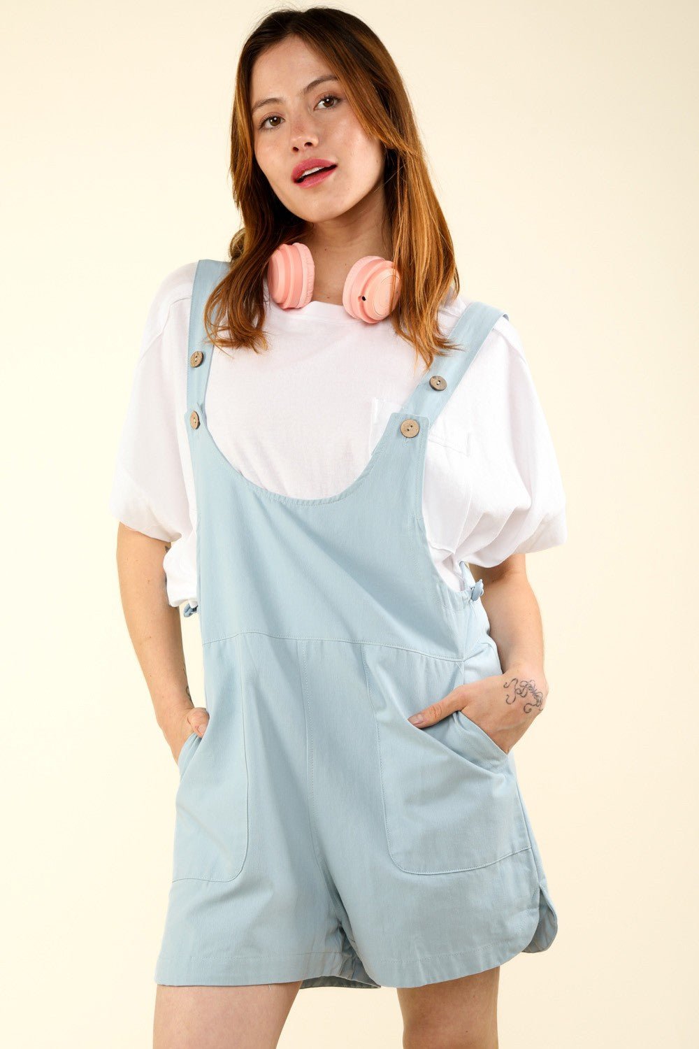 Very JAdjustable Waist Suspender Shortalls with Pockets in Denim Blue