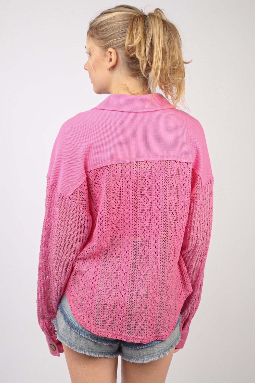 Very JButton Up Long Sleeve Lace Shirt in Pink