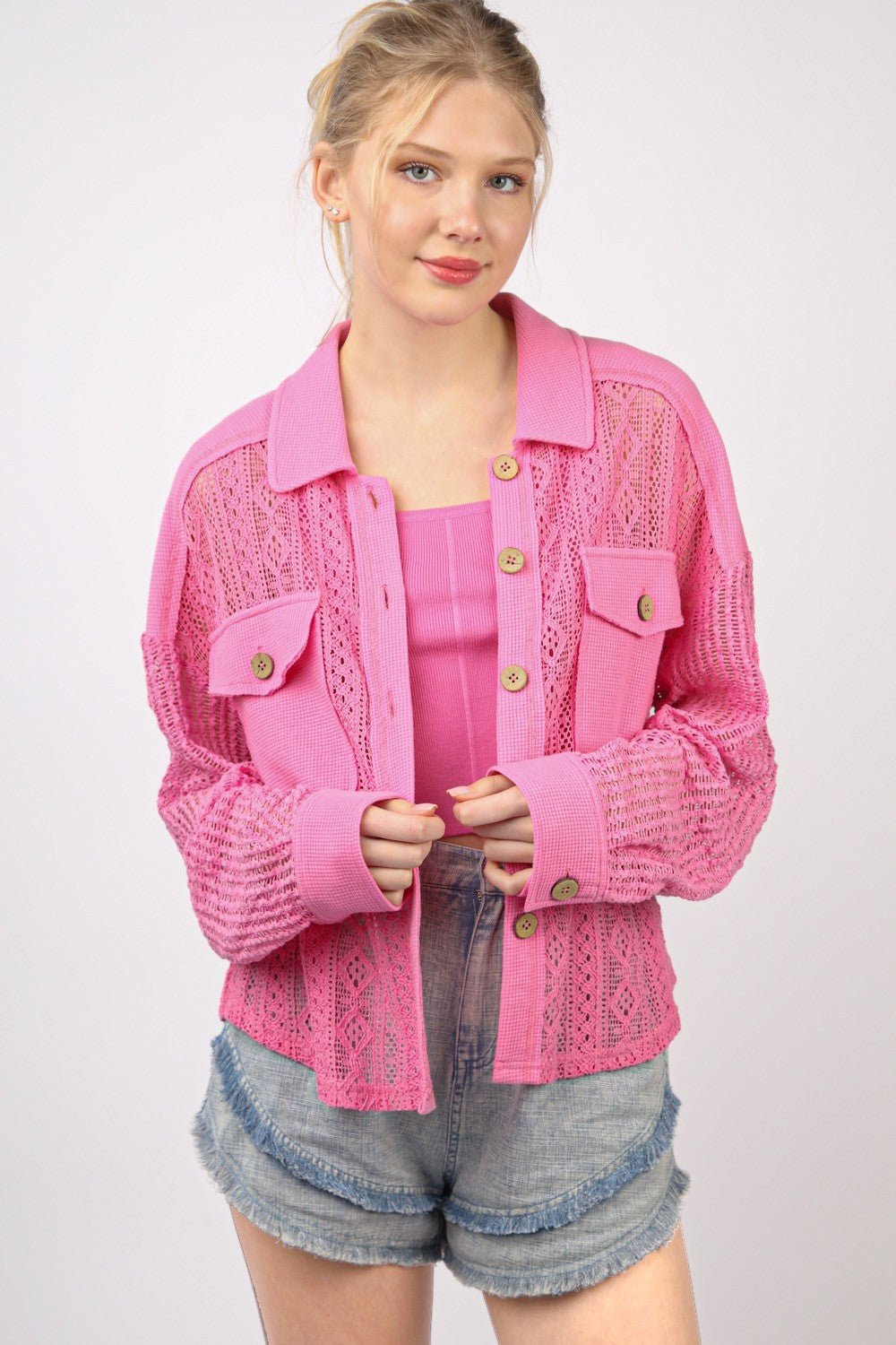 Very JButton Up Long Sleeve Lace Shirt in Pink