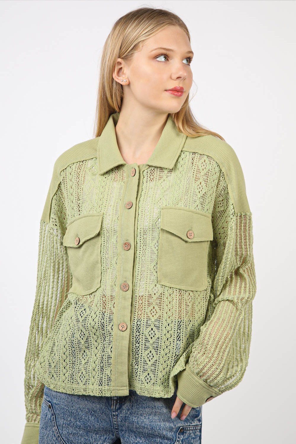 Very JButton Up Long Sleeve Lace Shirt in Sage