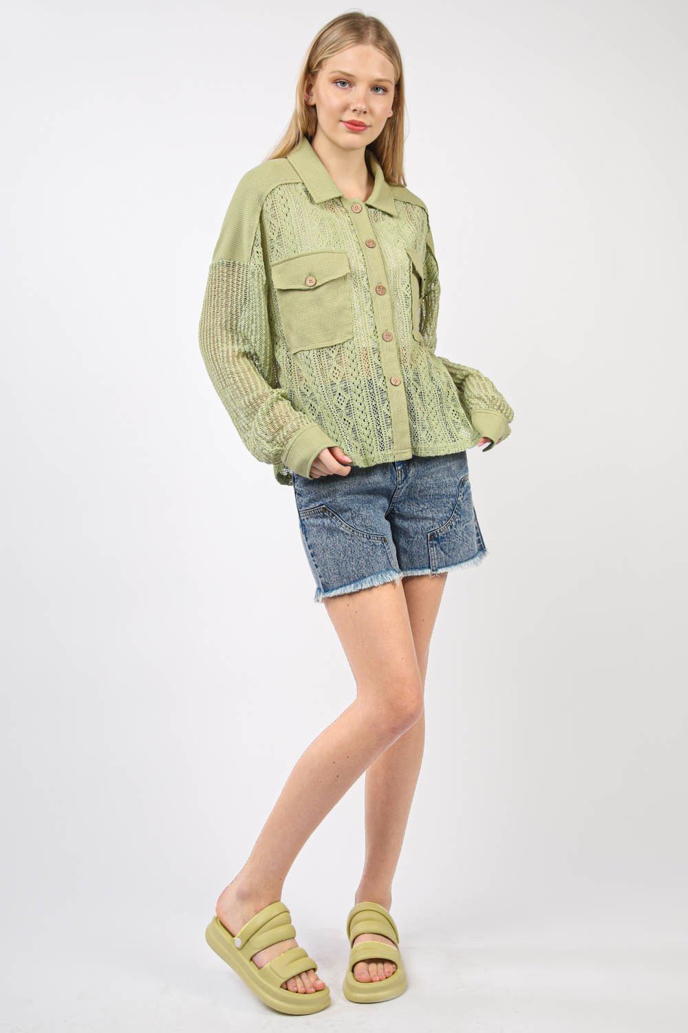 Very JButton Up Long Sleeve Lace Shirt in Sage