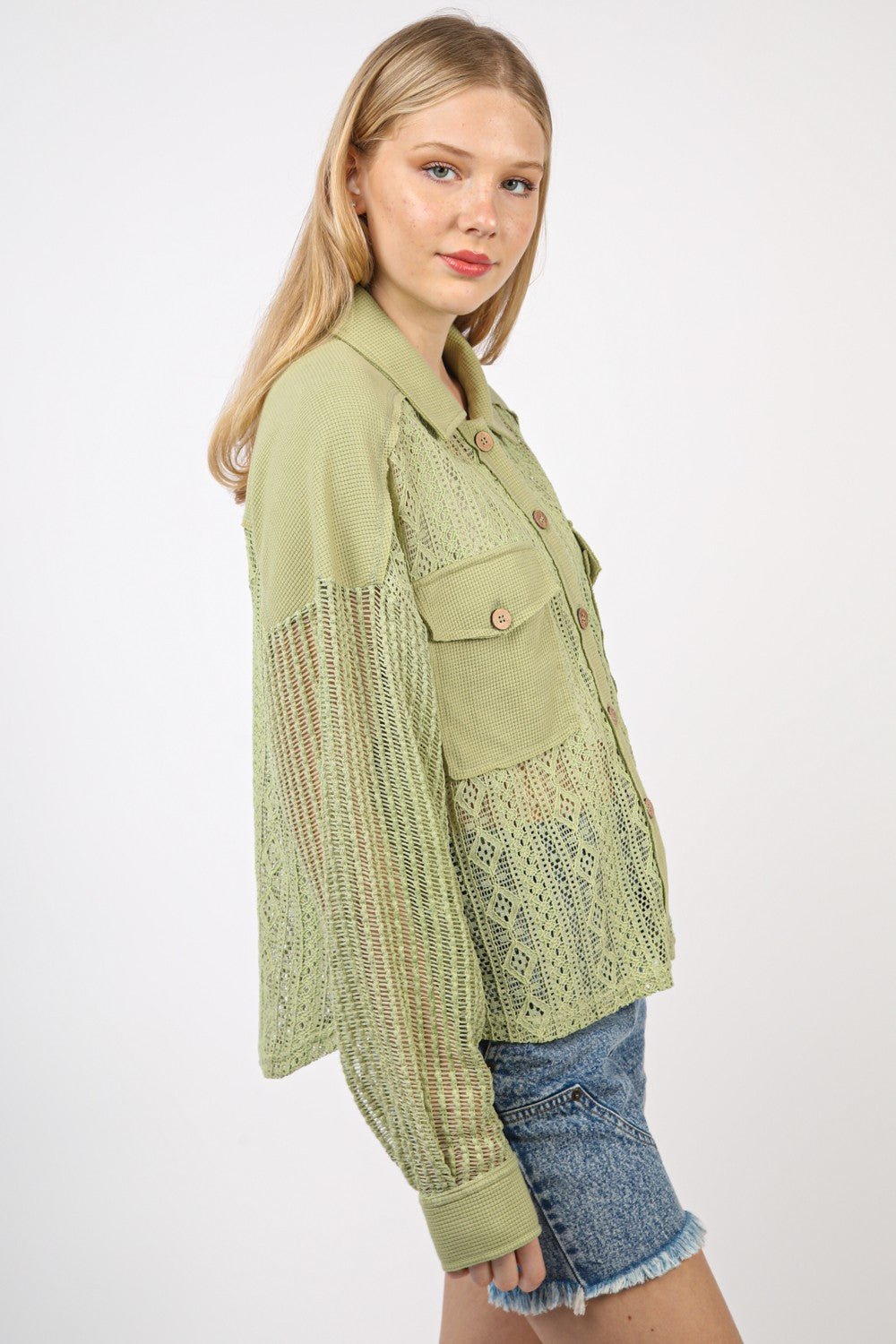 Very JButton Up Long Sleeve Lace Shirt in Sage